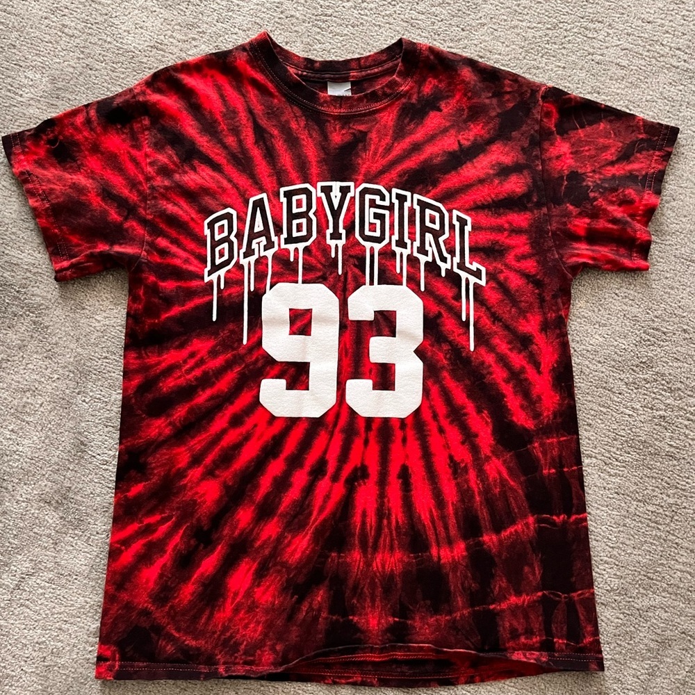 Red tie-dye T-shirt with baby girl graphic